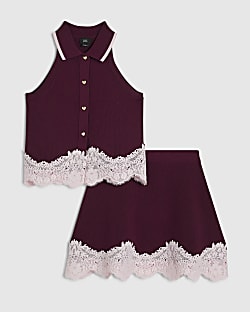 Girls Burgundy Lace Hem Polo Top Set