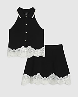 Girls Black Lace Hem Polo Top Set