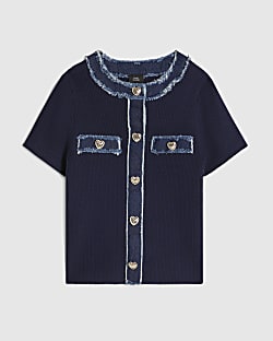 Girls Dark Blue Ribbed Knit Denim Top