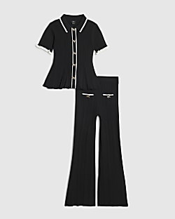 Girls Black Knitted Peplum Top &Trouser Set