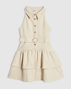 Girls Cream Collared Faux Suedette Dress