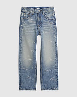 Girls Blue Scripty Straight Leg Jeans