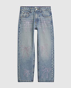 Girls Blue Embellished Bow Straight Leg Jeans