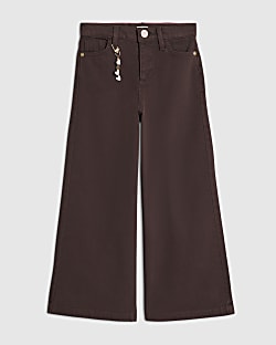 Girls Brown Heart Charm Wide Leg Jeans