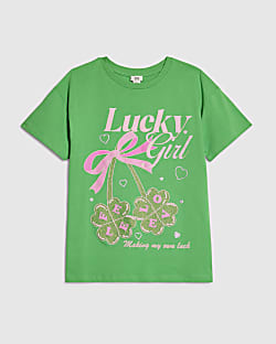 Girls Green Lucky Girl T-Shirt