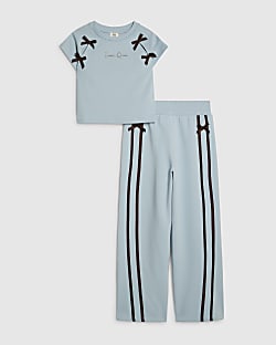 Girls Blue Bow T-Shirt Tracksuit Set