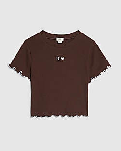 Girls Brown Lettuce Hem Crop T-Shirt