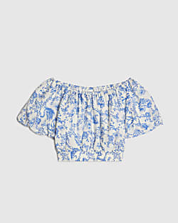 Girls Blue Toile Print Crop Top