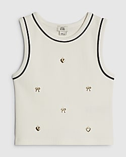 Girls White Ribbed Charm Tank Top
