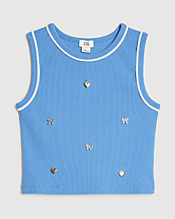 Girls Blue Ribbed Bow Charm Tank Top