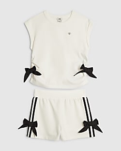 Girls White Bow Tank Top And Shorts Set