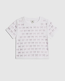 Girls White Bow Diamante T-Shirt