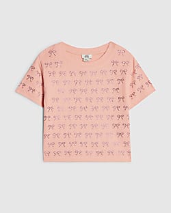 Girls Coral Bow Diamante T-Shirt