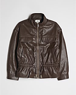 Girls Brown Faux Leather Peplum Bomber Jacket