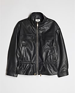 Girls Black Faux Leather Peplum Bomber Jacket