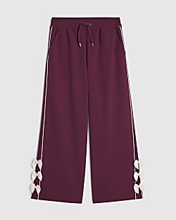 Girls Red Wide Leg Bow Side Stripe Trousers  