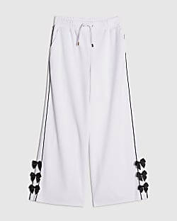 Girls White Wide Leg Bow Side Stripe Trousers