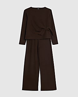 Girls Brown Long Sleeve Cosy Rib Top Set