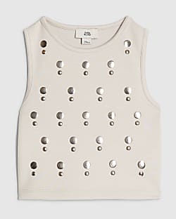 Girls Cream Stud Tank Top