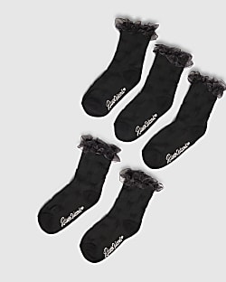 Girls Black Pack Of 5 Ankle Socks
