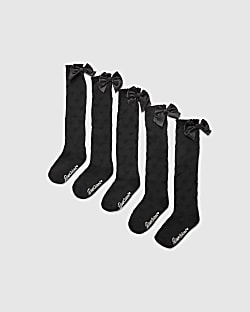 Girls Black Bow Pack Of 5 Knee High Socks