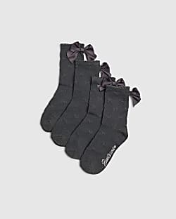 Girls Black Bow Back Pack of 2 Ankle Socks