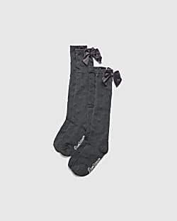 Girls Grey Bow Back Pack Of 2 Knee High Socks