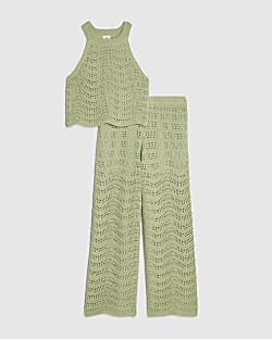 Girls Khaki Crochet Top & Trouser set