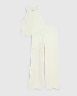 Girls Cream Crochet Trouser Set