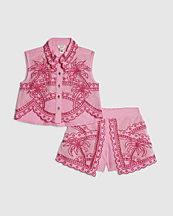 Mini Girls Pink Palm Tree Shirt And Short Set