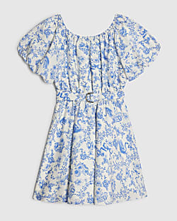 Girls Blue Floral Printed Belted Dress