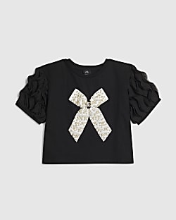 Girls Black Ruffle Pearl Bow Top