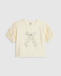 Girls Cream Ruffle Pearl Bow Top
