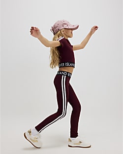 Girls Red Side Stripe Leggings