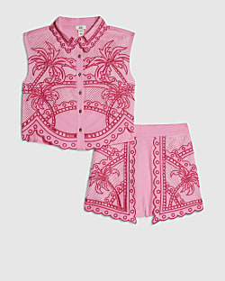 Girls Pink Palm Tree Shirt And Short Set