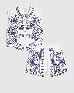 Girls White Palm Tree Shirt And Short Set
