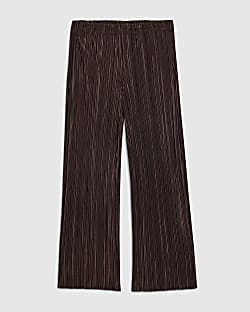 Girls Brown Plisse Wide Leg Trousers