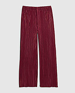 Girls Red Plisse Wide Leg Trousers