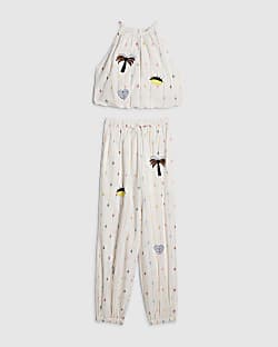 Girls Beige Stripe Hareem Top Set
