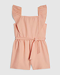 Girls Orange Shirred Floral Playsuit