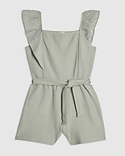 Girls Green Shirred Floral Playsuit