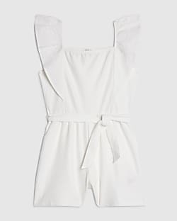Girls White Shirred Floral Playsuit