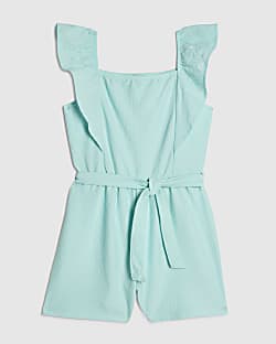 Girls Blue Shirred Floral Playsuit