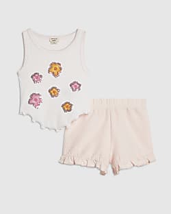 Mini Girls Pink Flower Vest And Shorts Set