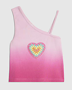 Girls Pink One Shoulder Heart Tank Top