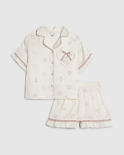 Girls White Heart Diamante Satin Pyjamas