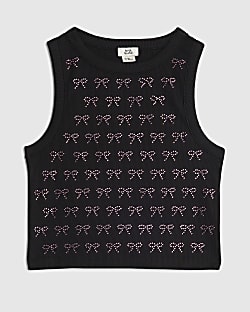 Girls Black Bow Diamante Tank Top