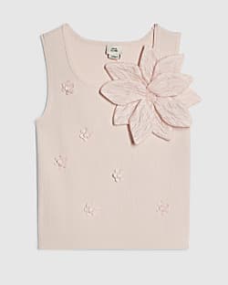 Girls Pink Flower Trim Knitted Top