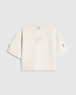 Girls Cream Premium Embellished Bow Crop Top