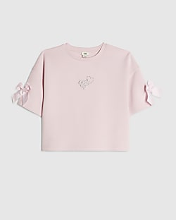 Girls Pink Premium Embellished Bow Crop Top